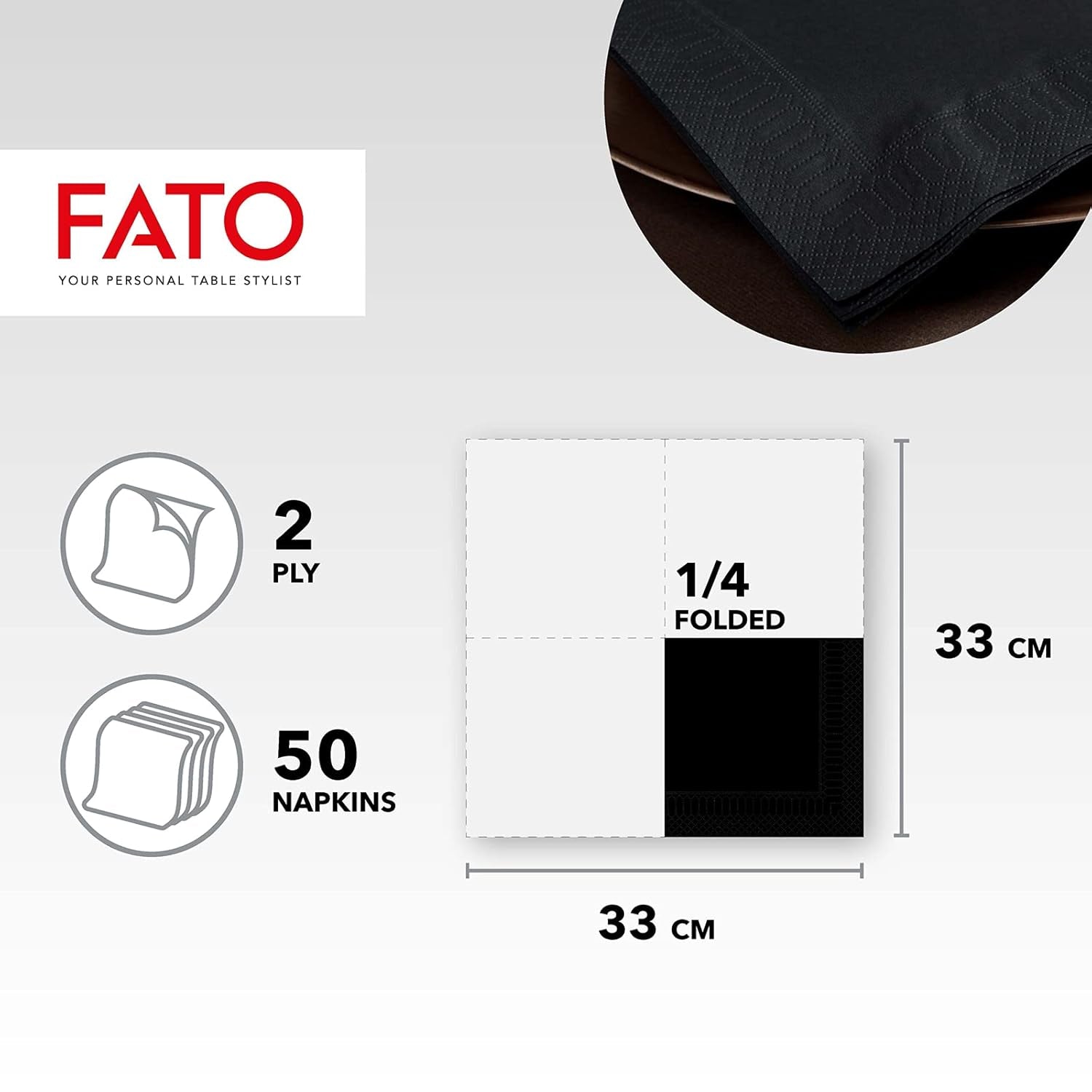 , Servilletas de papel desechables, ideales para almuerzos informales y buffets, paquete de 50 servilletas, tamaño 33X33, 4 capas, 2 capas, negro, certificado Fsc (paquete de 2)