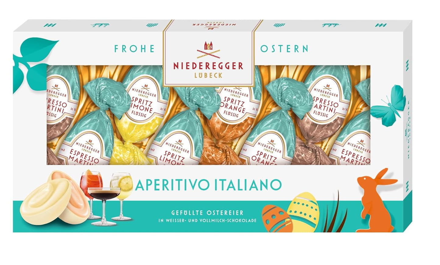 Niederegger | Huevos de praliné | Aperitivo italiano | 1 x 100 g | Huevos rellenos en sabores Lemon Spritz, Orange Spritz y Espresso Martini | Cubierto de chocolate con leche y blanco | regalo de pascua