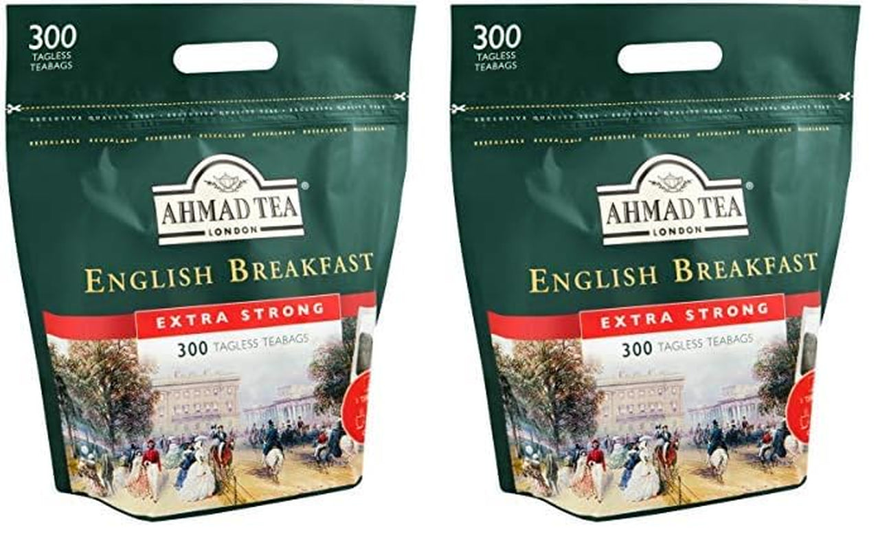 Ahmad Tea - Desayuno inglés - Té de desayuno negro - Té de Assam y Ceilán - Bolsitas de té inglés sin banda con 2 g de té por porción - Paquete grande de 300 bolsitas de té (paquete de 2)