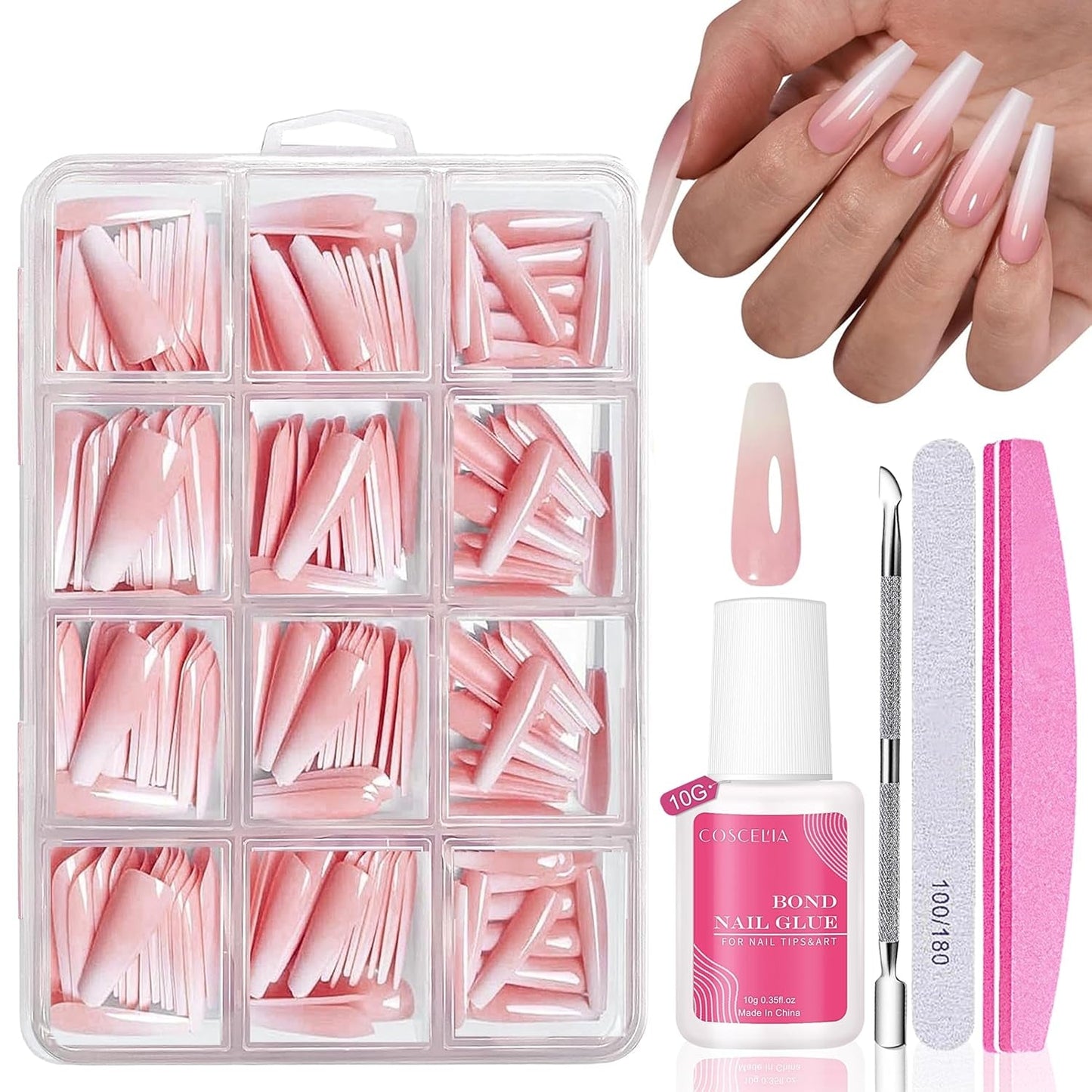 Juego de Uñas Postizas - 240 Piezas Uñas Postizas Francesas Pegamento - Diseño Degradado Blanco Rosa Uñas Artificiales Cubierta Completa Gel Suave Natural y Cómodo de Usar (Almendra Rosa)