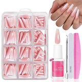 Juego de Uñas Postizas - 240 Piezas Uñas Postizas Francesas Pegamento - Diseño Degradado Blanco Rosa Uñas Artificiales Cubierta Completa Gel Suave Natural y Cómodo de Usar (Almendra Rosa)