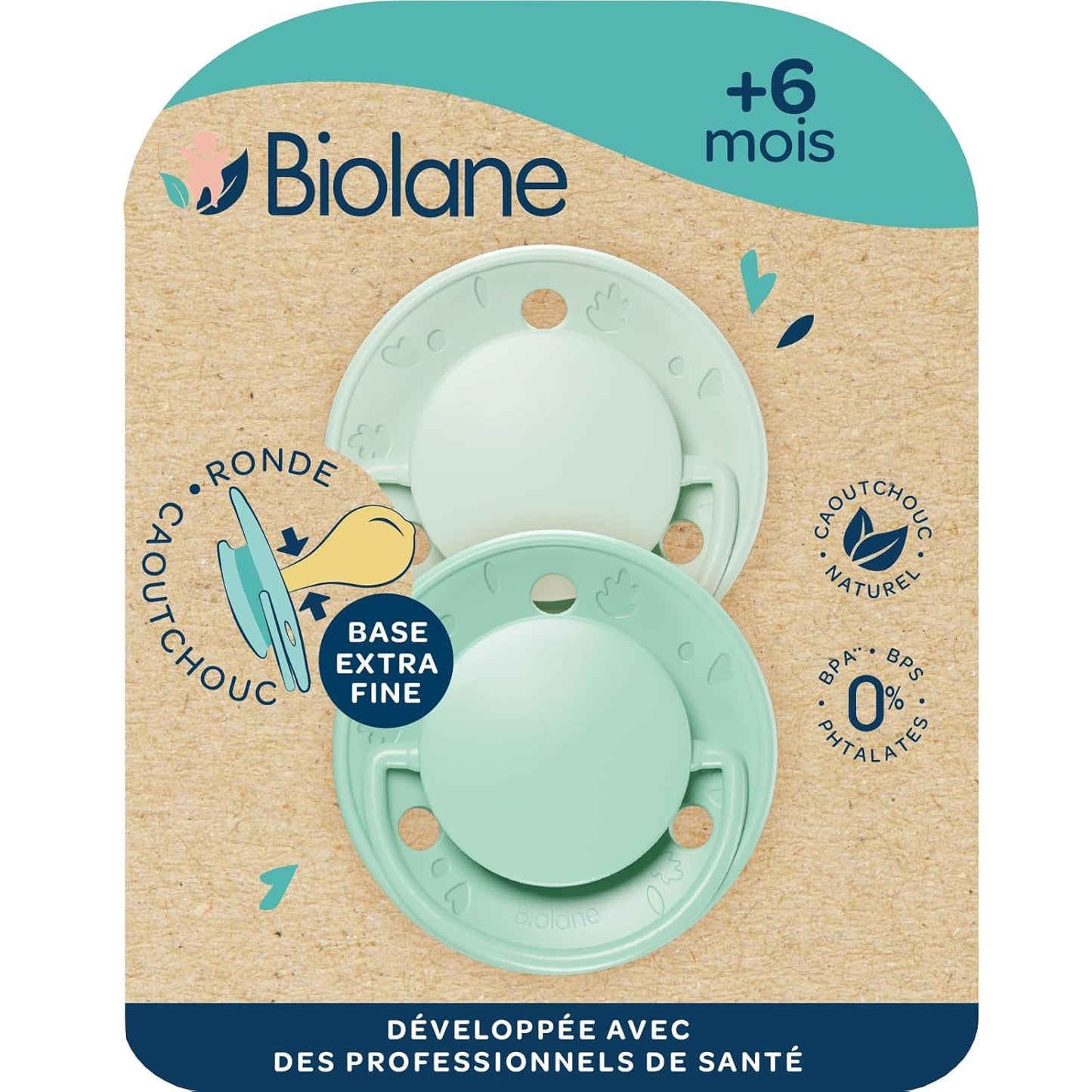 BIOLANE - Tetina redonda - Chupete extrafino - 6+ meses - Bicolor verde - Tetina de caucho natural - Para el desarrollo bucal - Suave y confortable