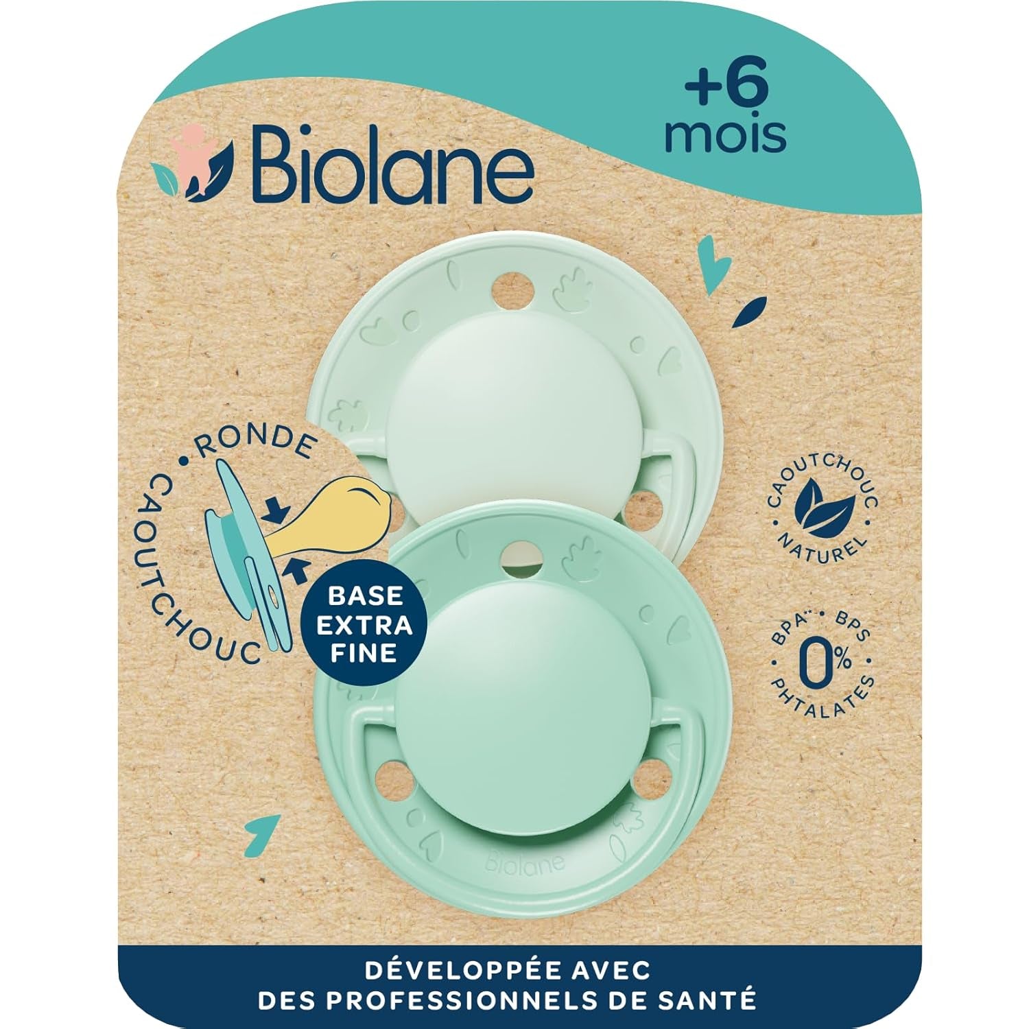 BIOLANE - Tetina redonda - Chupete extrafino - 6+ meses - Bicolor verde - Tetina de caucho natural - Para el desarrollo bucal - Suave y confortable
