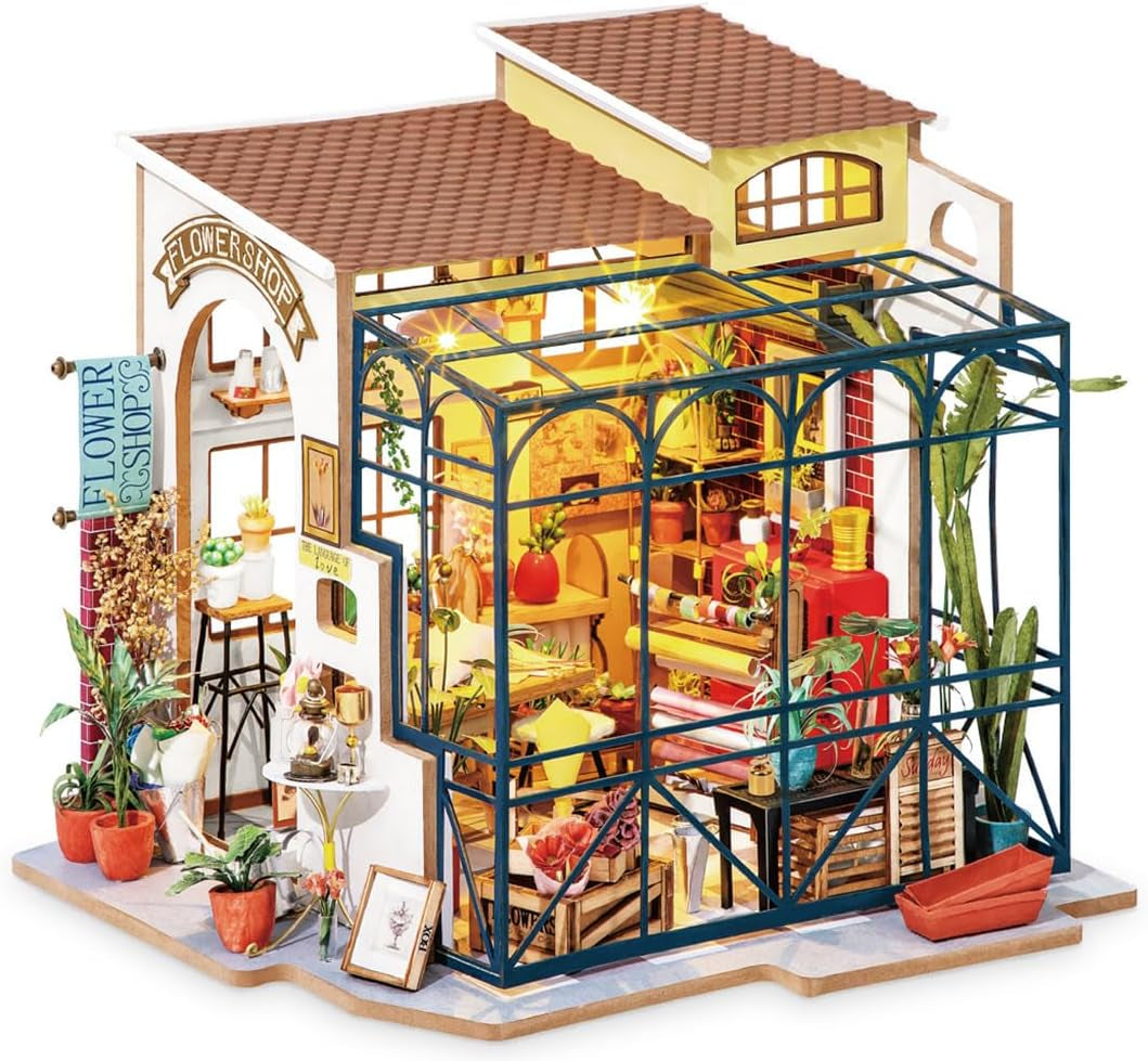 Robotime DG145 Rolife Emily's Flower Shop Casa de Muñecas en Miniatura Fabricada en madera, metal, tela y cartón, Dimensiones: 22 X 15 X 17 Cm, Casas de Muñecas Naty Shop Título predeterminado