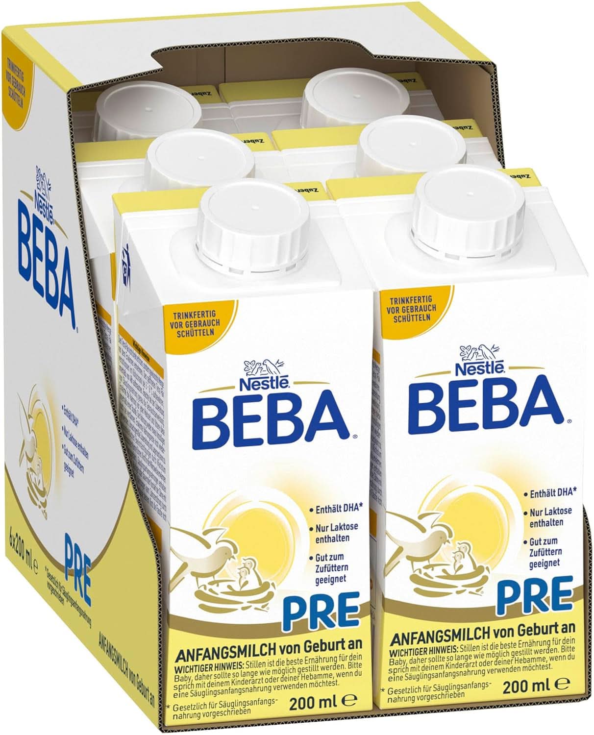 BEBA PRE Leche inicial desde el nacimiento, papilla con DHA, solo lactosa, sin aceite de palma, pack 3 (3 x 800 g) Naty Shop PRE, set 6 x 200 ml 6 x 200 ml
