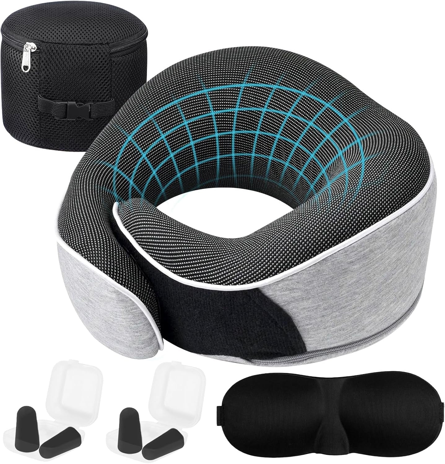 Almohada para el cuello Almohada de viaje de espuma viscoelástica Diseño ergonómico Almohada para el cuello de espuma viscoelástica con máscara para los ojos 2 tapones para los oídos y bolsa de almacenamiento Perfecto para dormir en la carretera cuando viaja Naty Shop Almohadas ortopédicas cervicales Título predeterminado