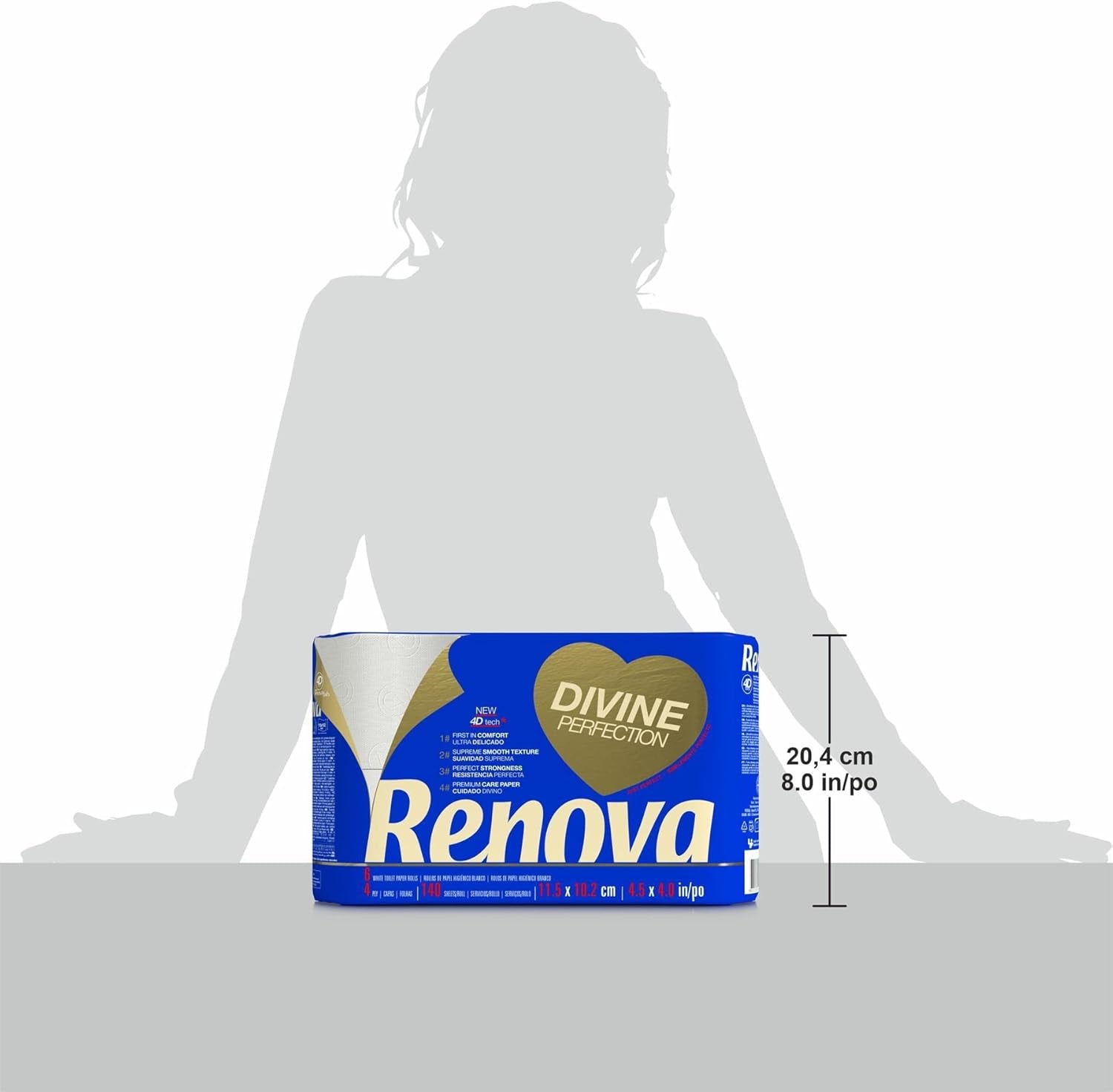 Renova Papel higiénico Renova Divine Perfection, 42 rollos, papel higiénico premium, 4 capas, ultra suave, extrafuerte, grueso, suave y absorbente, papel certificado Fsc, 4400G