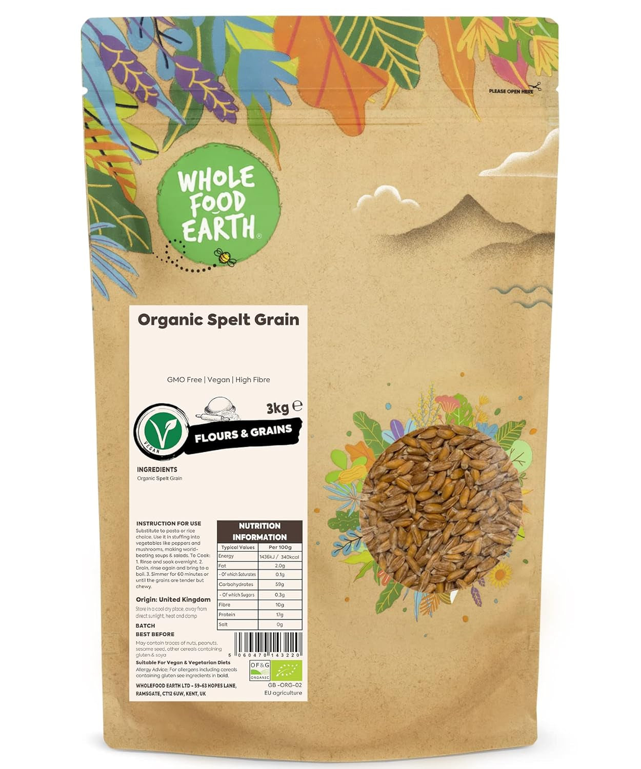 Wholefood Earth Granos de Espelta Orgánicos – 3 kg | Sin OGM | Vegano | Rico en fibra | Certificado orgánico