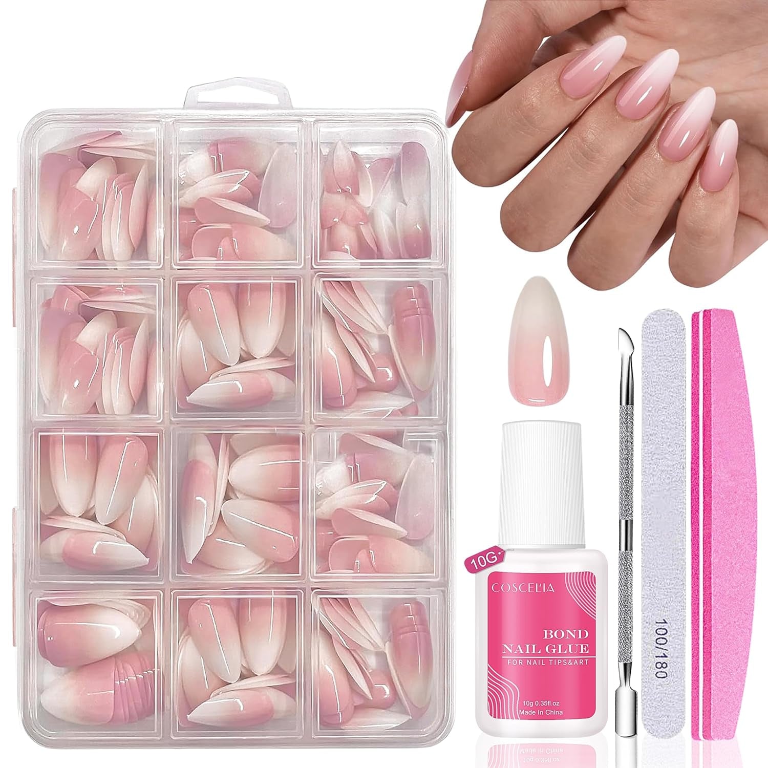 Juego de Uñas Postizas - 240 Piezas Uñas Postizas Francesas Pegamento - Diseño Degradado Blanco Rosa Uñas Artificiales Cubierta Completa Gel Suave Natural y Cómodo de Usar (Almendra Rosa)