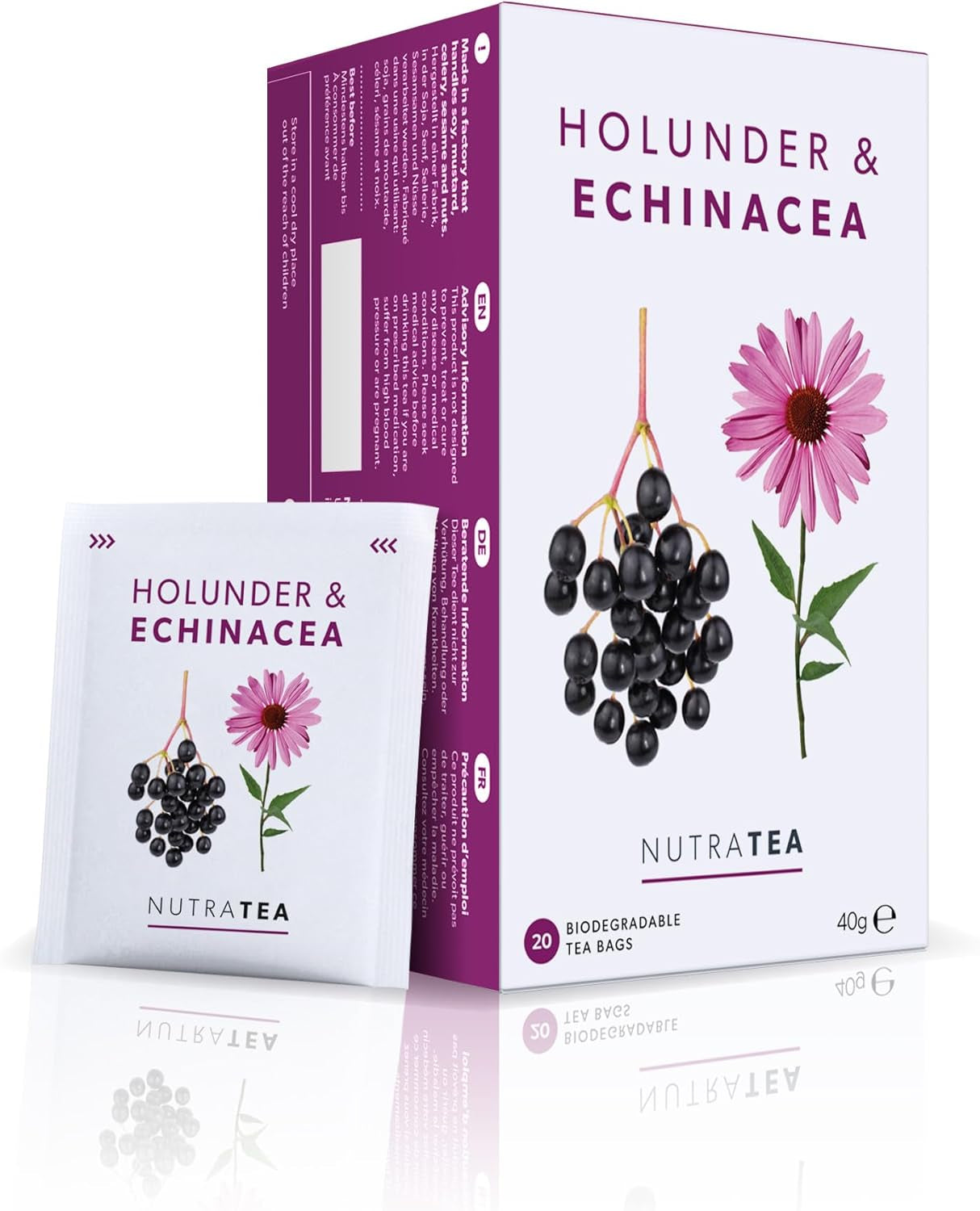 Nutra Tea Saúco y equinácea, té para inmunidad y resfriados, té de apoyo inmunológico, lucha contra el resfriado, 20 bolsitas de té reutilizables, té de hierbas naturales