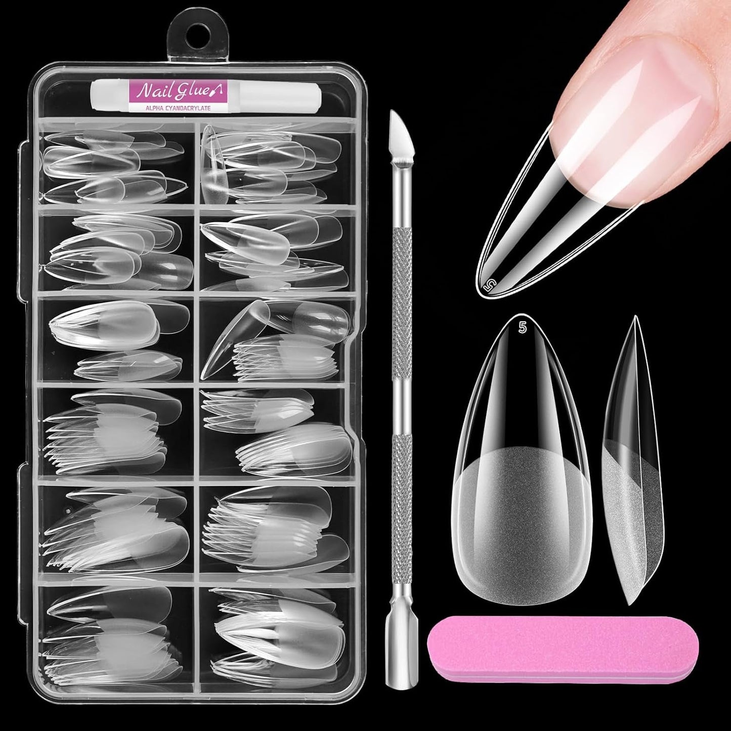 Uñas cortas de cubierta completa, 120 piezas, 12 tamaños, puntas de uñas cortas para uñas de gel, pegamento en uñas artificiales, pegamento en lima de uñas, pulidor de uñas, empujador de cutículas