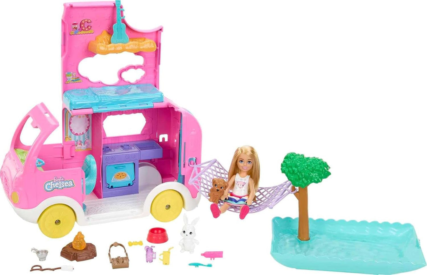 Caravana Barbie Chelsea 2 en 1: vehículo de juguete con piscina, hamaca y comedor para juegos imaginativos y cuentos, a partir de 3 años, HNH90