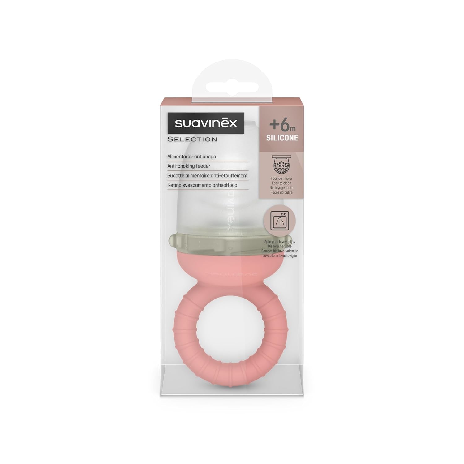 Suavinex Mordedor para Bebé, A Prueba de Asfixia, Silicona de Grado Alimenticio, con Tapa, Fácil de Limpiar, Apto para Lavavajillas y Congelador, Alivia las Encías, A partir de 6 Meses, Rosa