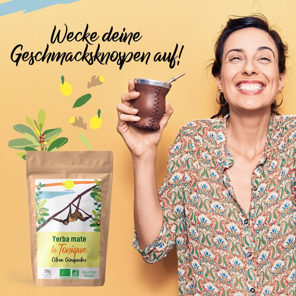 ORIGEENS BIO YERBA MATE CON LIMÓN Y JENGIBRE 200 G - El té energizante I Té de Yerba Mate Orgánica, sin tostar, hojas, sin tallos ni polvo