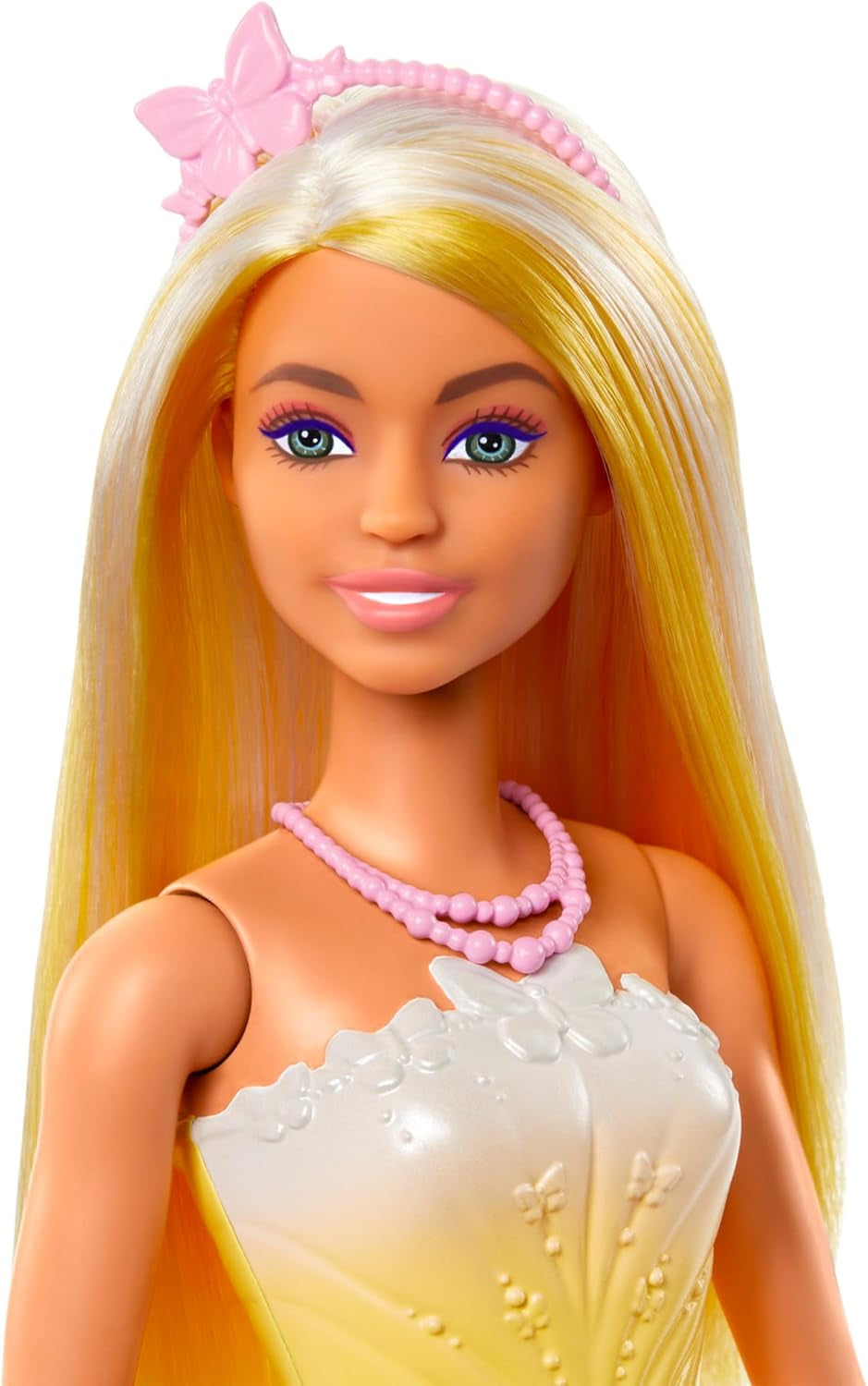 Muñeca Barbie Real con pelo elegante con mechones de colores, accesorios coloridos, top amarillo degradado y falda de mariposa, HRR09 Naty Shop Dolls