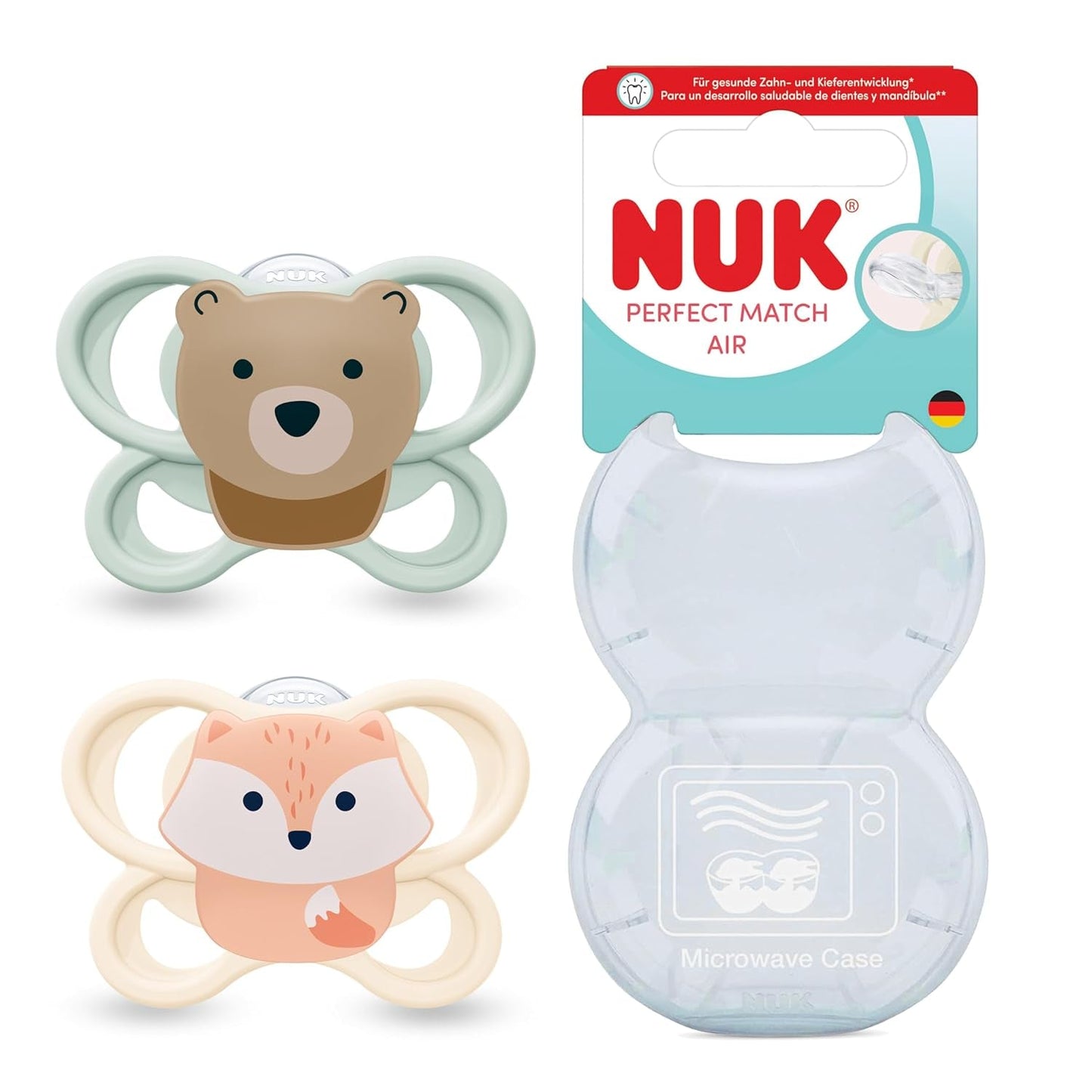 Chupetes NUK Perfect Match Air para bebés | 0-6 meses | Chupetes de ortodoncia que favorecen la circulación del aire y evitan el babeo | 95% de aceptación por parte de los bebés** | Zorro/Oso de peluche | Paquete de 2