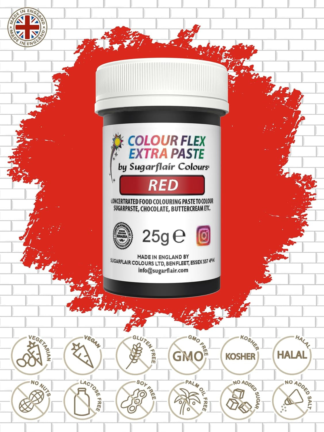 Colorante alimentario Sugarflair Colourflex Extra Paste, rojo - Colorante alimentario comestible para crema de mantequilla, chocolate, pasta de azúcar, glaseado, fondant, mezclas para pasteles, masa y más - 25 g