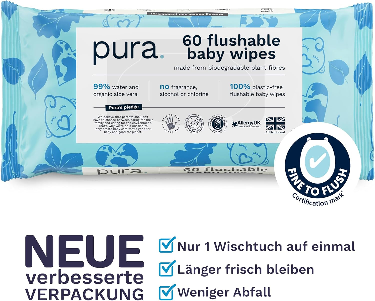 Toallitas desechables ecológicas para bebés para pieles sensibles del bebé 70 toallitas (1 paquete) 99% de agua 100% sin plástico para pieles sensibles Recién nacidos propensos al eccema Biodegradables Veganos