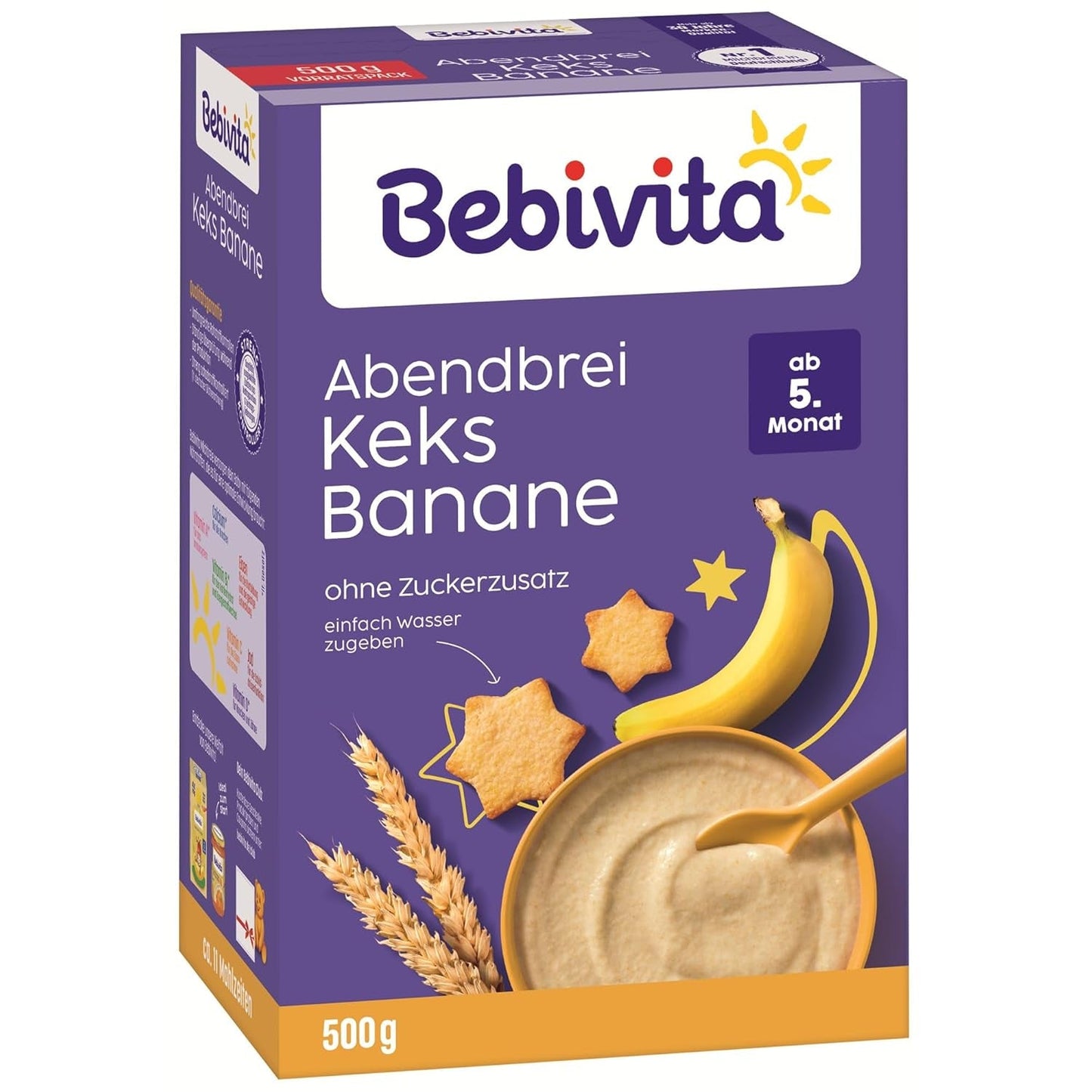 Papilla de noche con galletas y plátanos (4x500 g), papilla de leche a partir de 5 meses, sin azúcares añadidos, con valiosos minerales y vitaminas, muy saciante