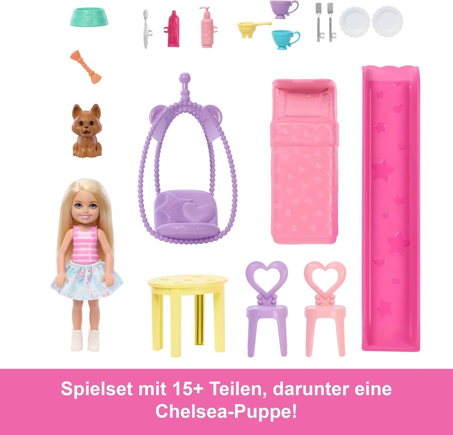Casa de muñecas Barbie Chelsea con más de 15 accesorios, casa emergente que se expande a más de 42 x 33 cm con 5 áreas de juego y un tobogán, con una muñeca pequeña y un perro, JFW49