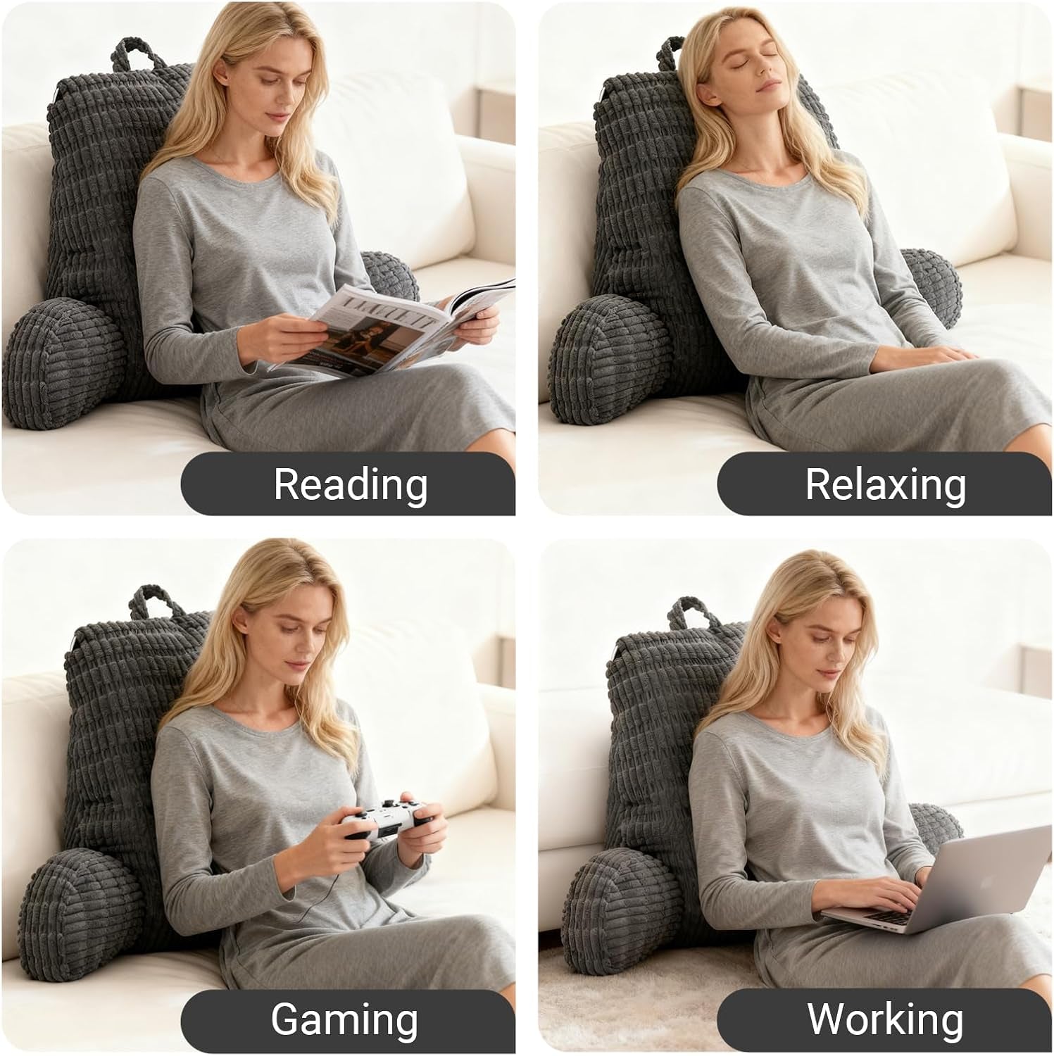 Almohada de lectura para cama y sofá, almohada de lectura con reposamuñecas, reposabrazos y respaldo, almohada de respaldo para descansar, relajarse, leer, trabajar en la computadora portátil, mirar televisión (gris oscuro)