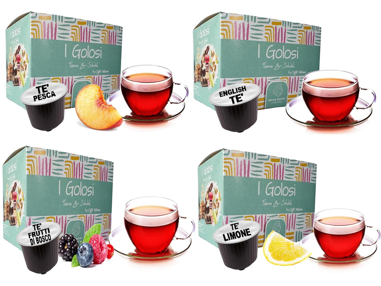 Caffè Vulcanus - Mezcla de té 60 cápsulas, sabor: té inglés, té de melocotón, té de limón y té de bayas - cápsulas compatibles con Nescafé Dolce Gusto
