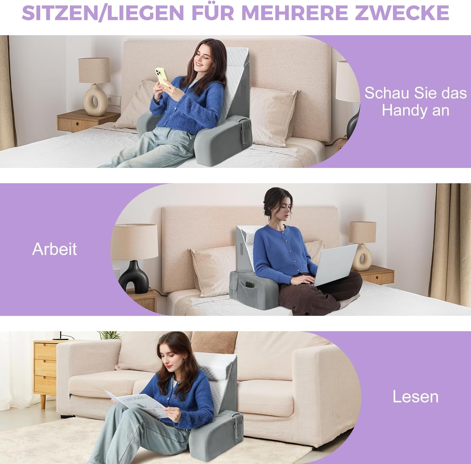 Almohada de lectura grande con asa, espuma de alta densidad, almohada ergonómica para la espalda, reposabrazos, soporte para el cuello y reposacabezas, cojín de asiento reclinable para dormir, jugar, mirar televisión, para cama y sofá