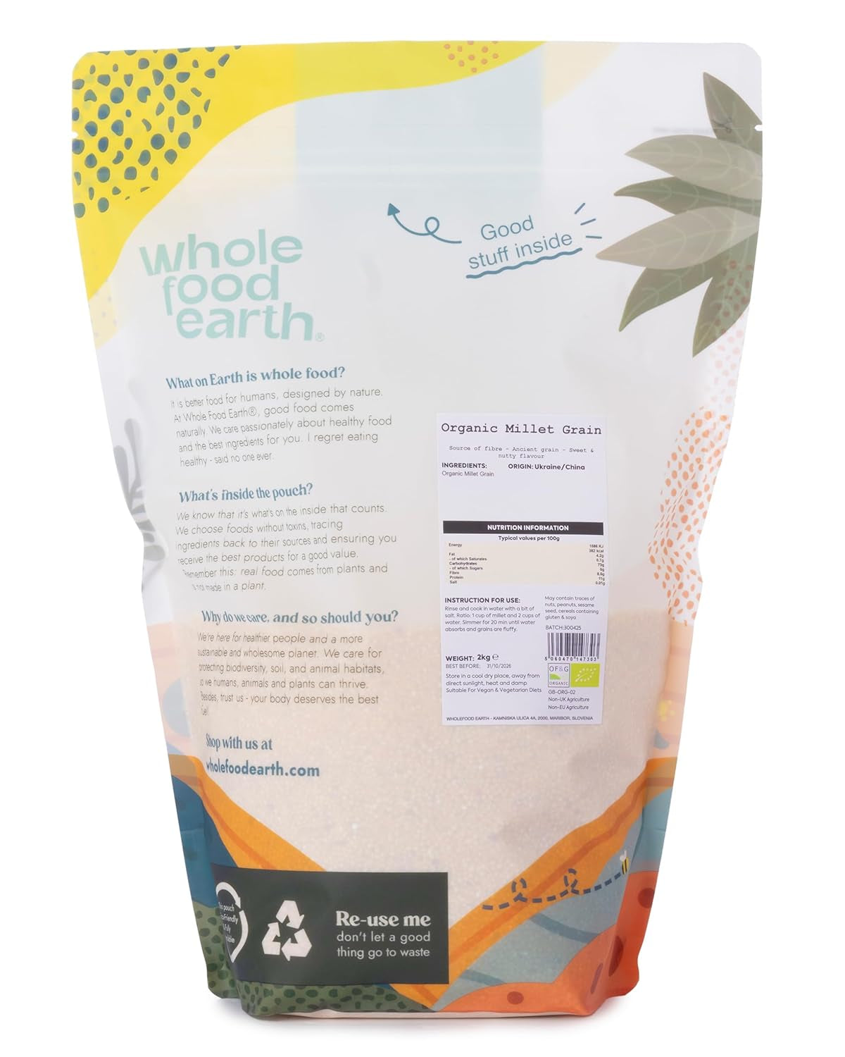 Mijo Ecológico Integral Tierra 2 kg | Sin OGM | Vegano | Rico en fibra | Certificado orgánico
