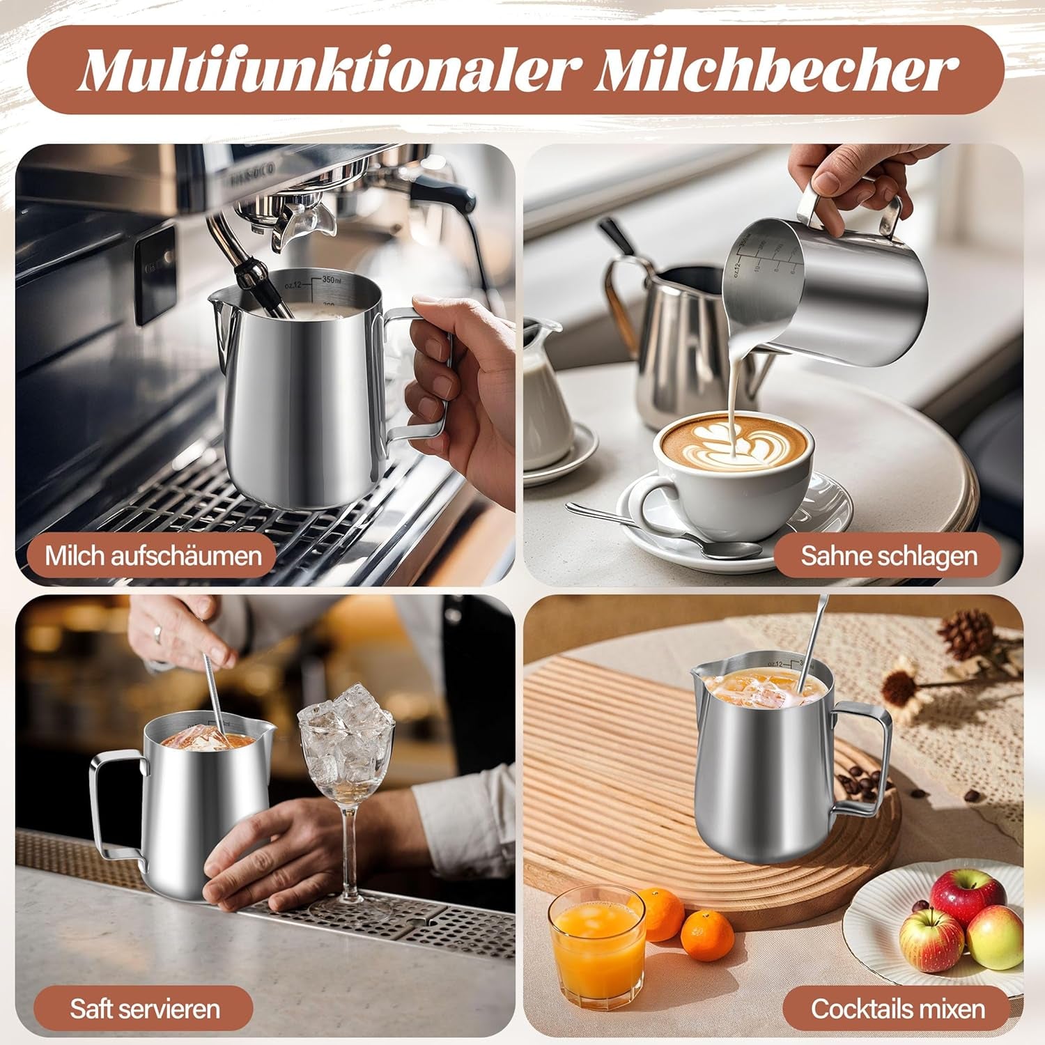 Taza de Leche, Taza de Leche de Acero Inoxidable de 350 ml con Marca medidora, Accesorio de Barista, Taza de Leche para Capuchino, Espresso, Latte Art, Amantes del café, Plata, 355 ml