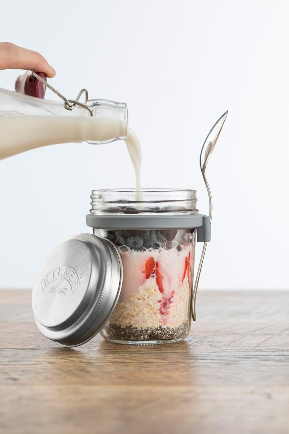 Tarro de desayuno Kilner con cuchara / 350 ml, Ø 9,5 cm / 5 piezas | vaso de muesli para llevar / no tóxico / recipiente de vidrio con tapa para muesli, gachas y yogur / recipiente para avena durante la noche Naty Shop Food Storage Boxes