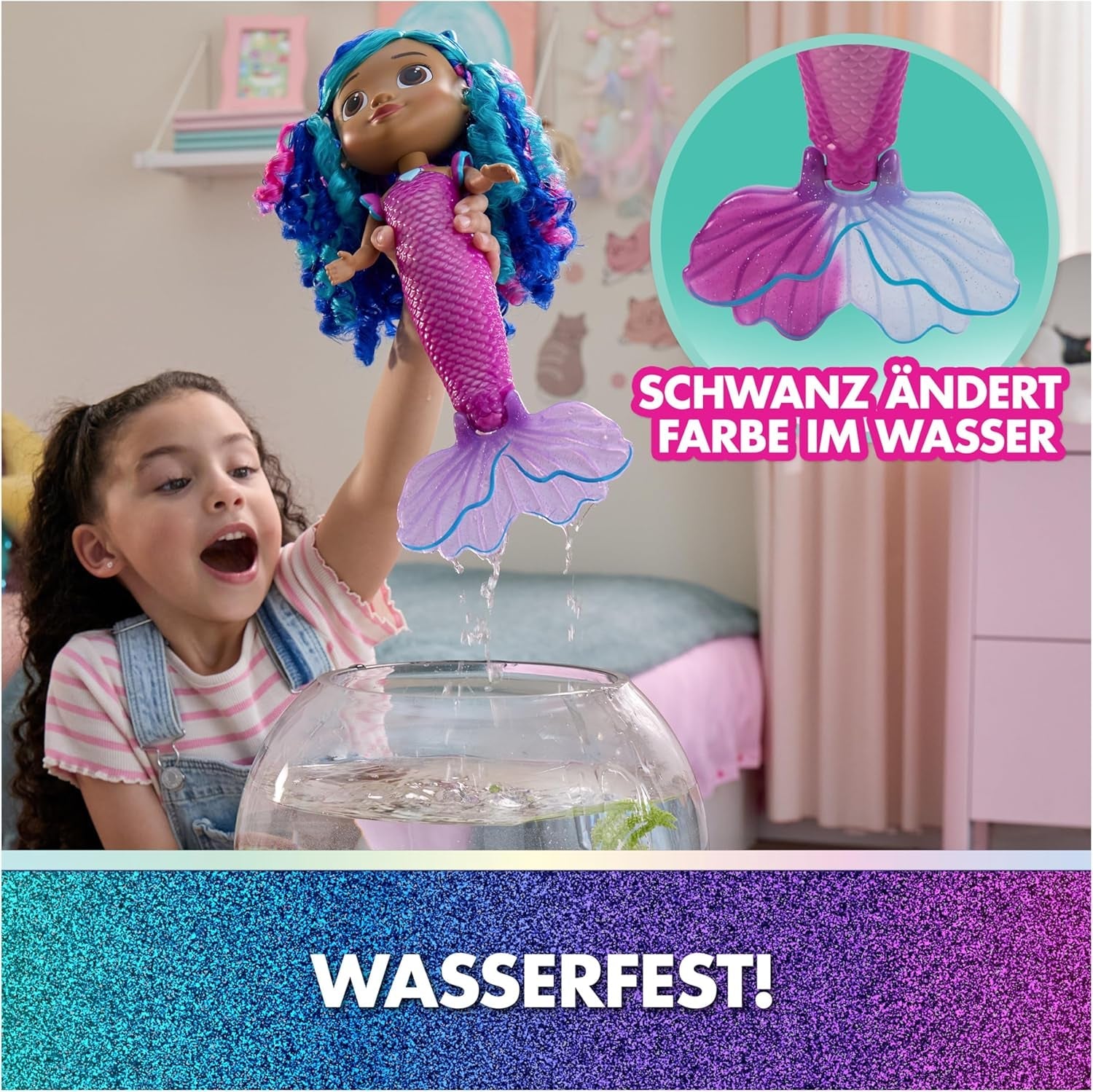 CASA DE MUÑECAS DREAMWORKS GABBY – Sing & Shine Meerjungfrau Gabby, muñeca grande de 35 cm con efectos de luz y sonido, estilo alemán, para niños de 3 años
