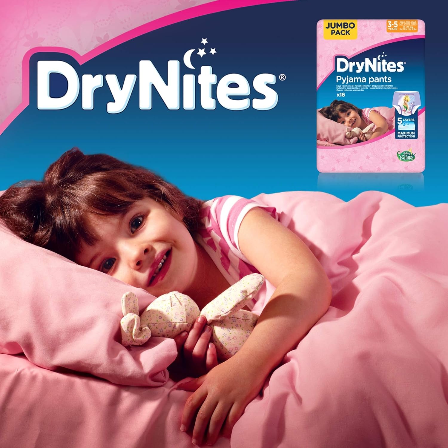 DryNites Pantalones de pijama para niñas de 3 a 5 años 1 paquete (1 x 16 piezas)