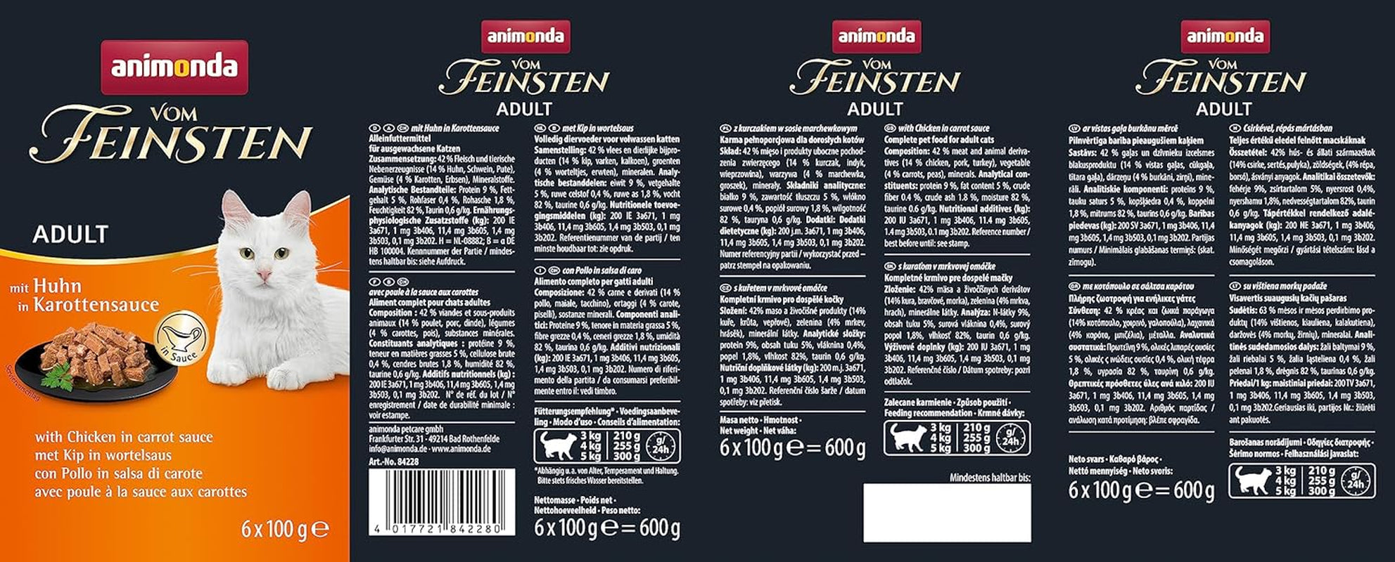 Animonda vom Feinsten comida húmeda para gatos con pollo en salsa de zanahoria (6 x 100 g), comida húmeda para gatos sin cereales, sin azúcar, con ingredientes frescos y carnosos