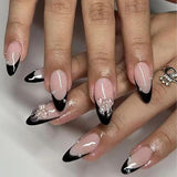 24 Uds. Prensa de almendra blanca sobre uñas francesas con lazos perlas uñas postizas pegamento en puntas de uñas postizas uñas con brillo