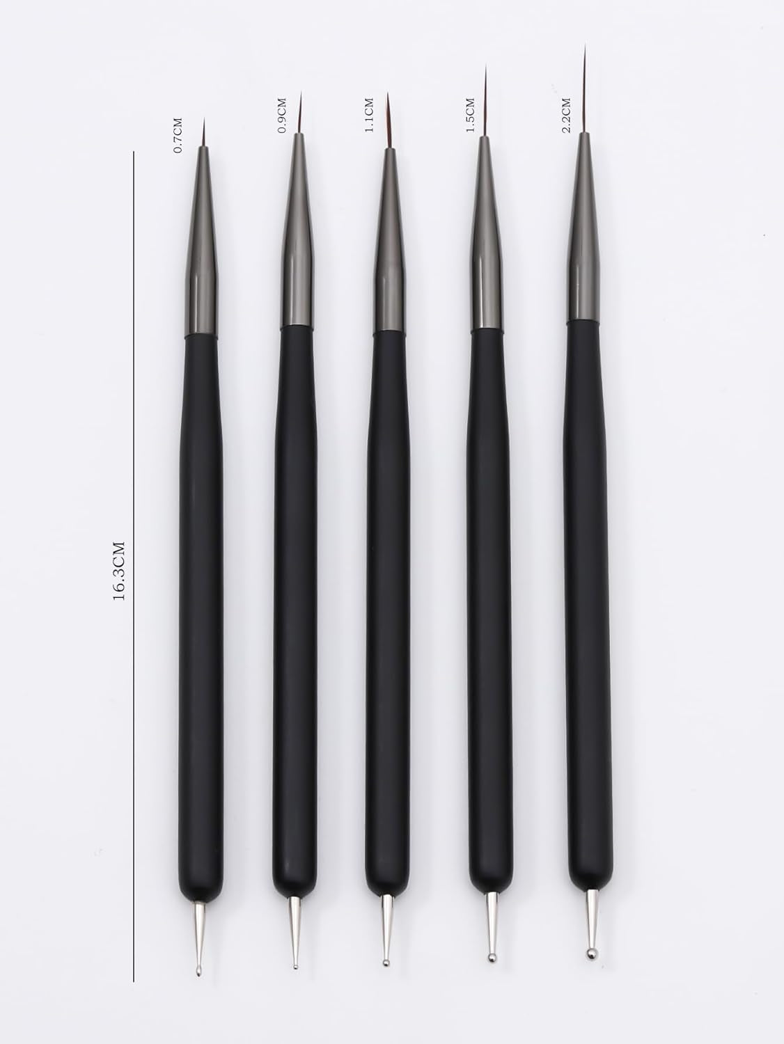 Nagelkunst-Pinsel, 5 piezas, Nailart-Pinsel, Punktierstift-Werkzeuge, Malkunst-Design-Pinsel-Set para Lange Linien, Dünne Details, Feine Zeichnungsgrößen 7/9/11/15/22 mm, negro