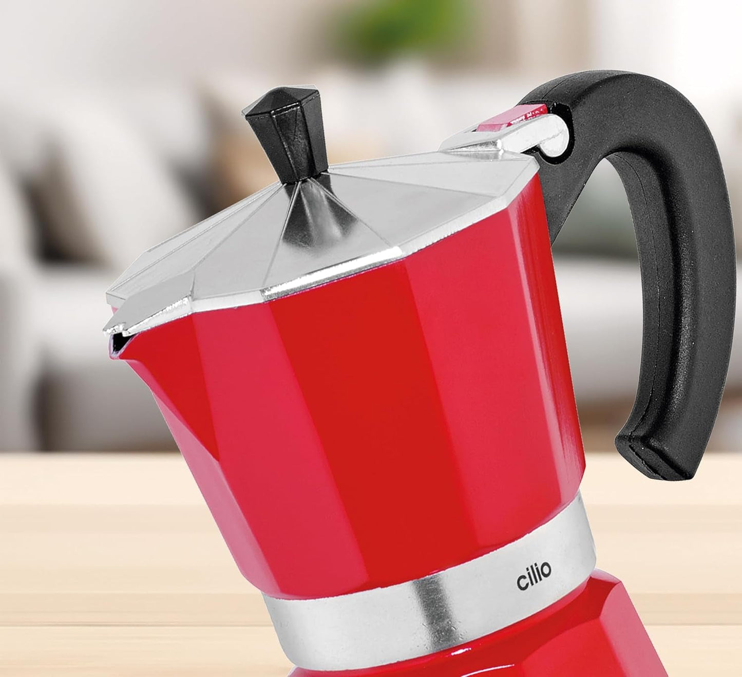 Cafetera espresso Cilio Classico para 6 tazas | eléctrico 480W | Ø 11,5 cm Alto: 25 cm | aluminio | rojo | placa integrada | con función de retención de calor y filtro reductor | para viajar o acampar