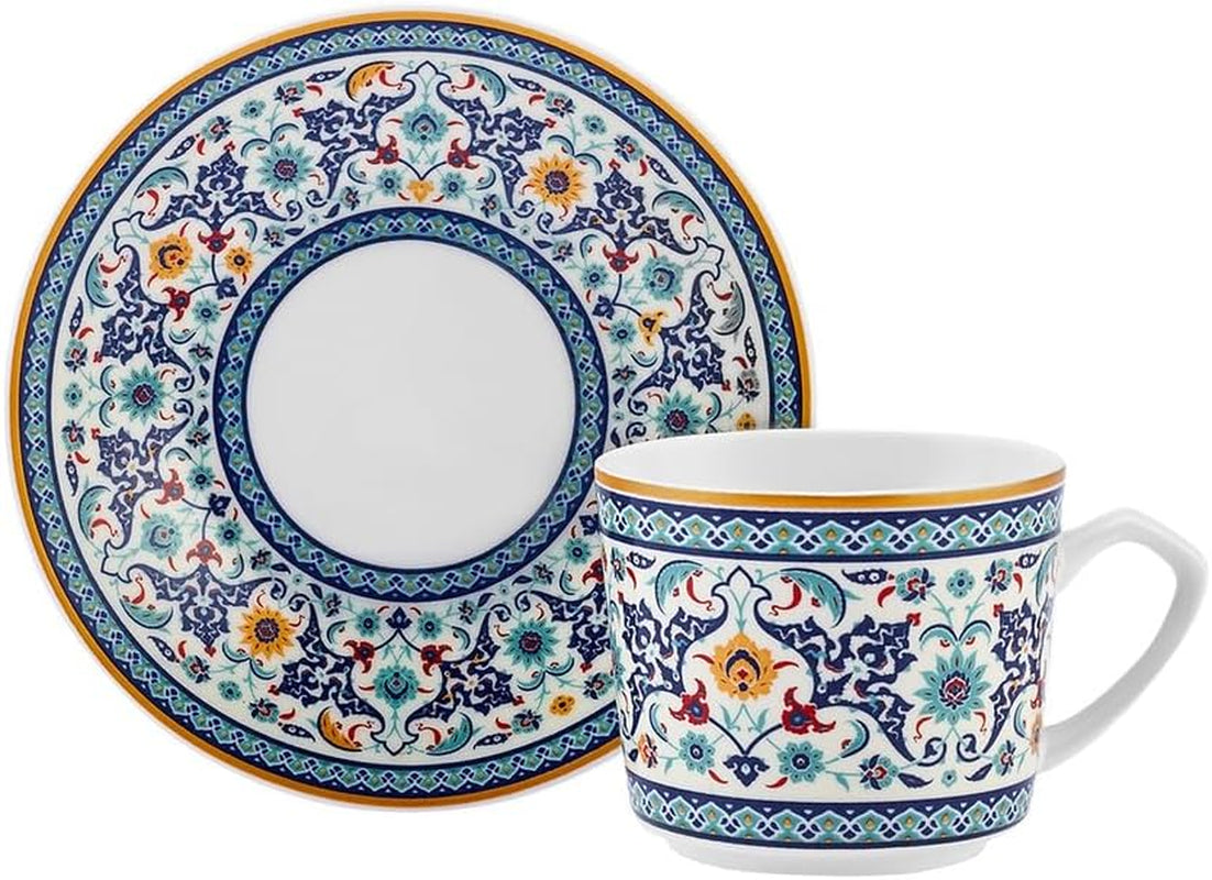 KARACA Beylerbeyi - Juego de tazas de café turco de 12 piezas, juego de 6 tazas de café expreso de porcelana con platillos, juego de tazas de café expreso de 80 ml, diseño tradicional - Azul