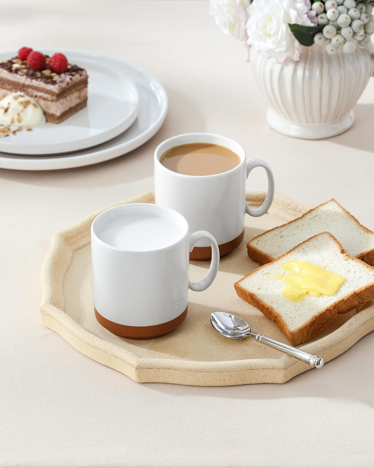 Juego de tazas de café MALACASA, juego de tazas de gres de 350ml para 4 personas, tazas de café modernas para té, zumo, café con leche, capuchino, chocolate caliente. Apto para lavavajillas y microondas, serie TARA, blanco caqui