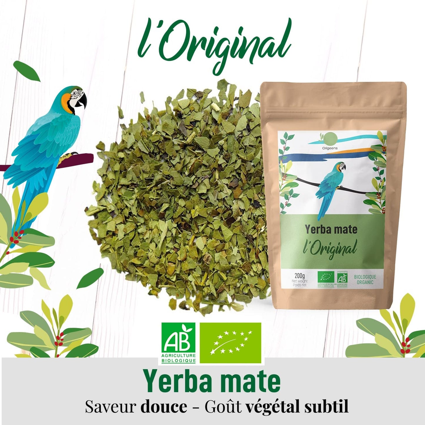 ORIGEENS TÉ YERBA MATE BIO 200G - La Original I Yerba Mate Bio sin tostar, hojas, sin tallos, polvo ni migas I Bebida energizante y desintoxicante