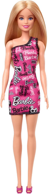 Muñeca Barbie moderna con cabello rubio liso y vestido rosa desmontable de un solo hombro y zapatos con logo impreso, HRH07
