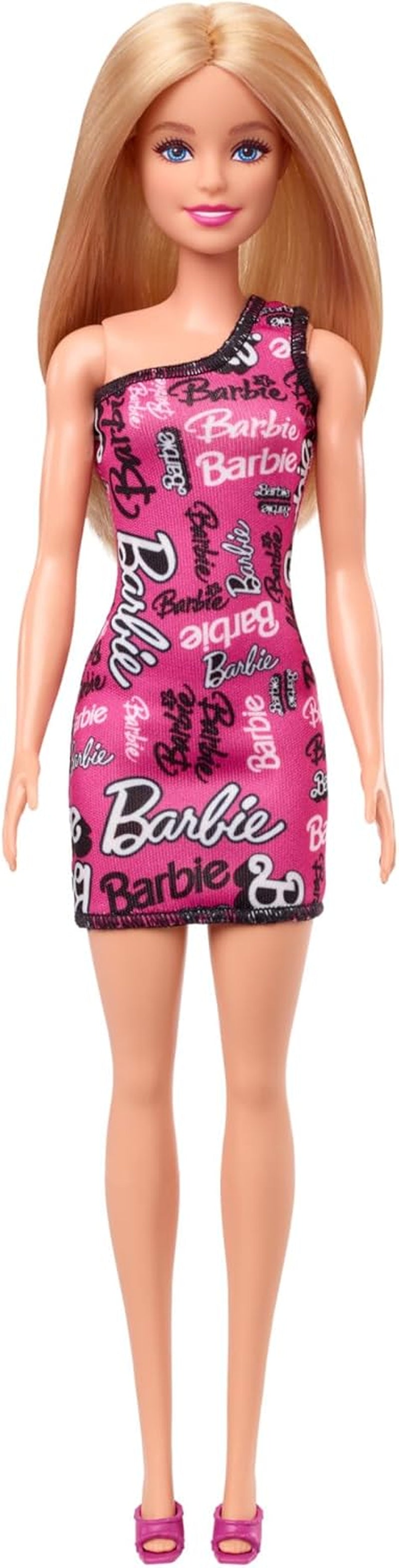 Muñeca Barbie moderna con cabello rubio liso y vestido rosa desmontable de un solo hombro y zapatos con logo impreso, HRH07