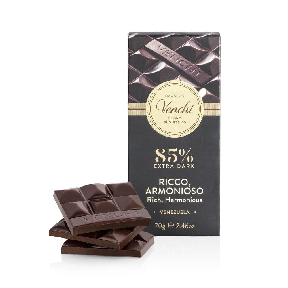 Venchi - Barra de chocolate 85%, 70g - Con crujientes granos de cacao tostados - Sin gluten - Vegano