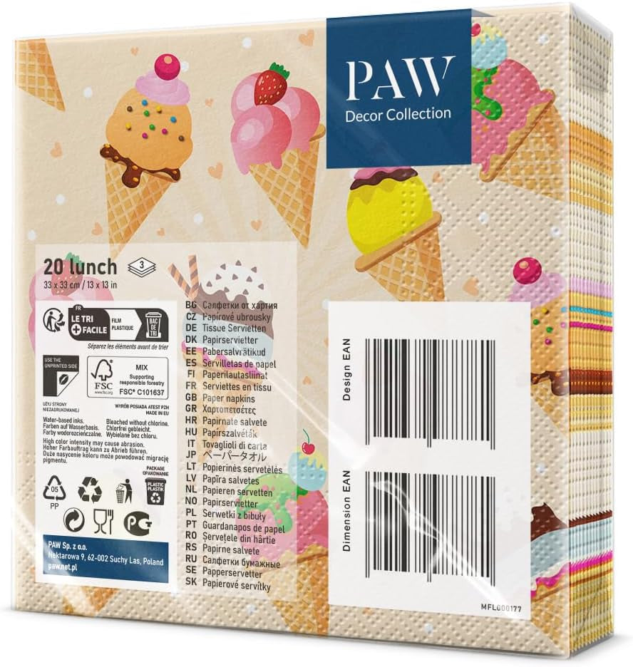 PAW - Servilletas de 3 capas (33 x 33 cm) I 20 piezas I Perfectas para fiestas, cumpleaños, días festivos I Decoración de mesa para fiestas infantiles - Servilletas de papel con motivos de colores - Helado I Helado