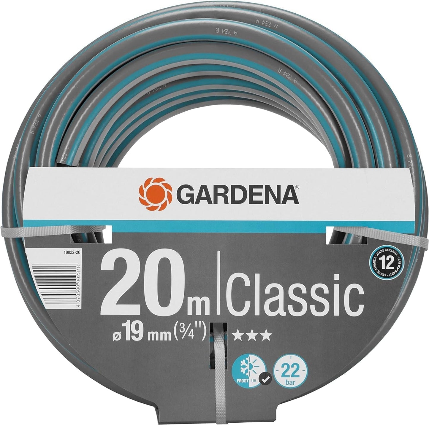 Manguera Gardena Classic 19 mm (3/4"), 20 m: Manguera de jardín universal de tejido resistente, tejido cruzado, presión de estallido de 22 bar, resistente a los rayos UV, sin componentes del sistema, 12 años de garantía (18022-20)