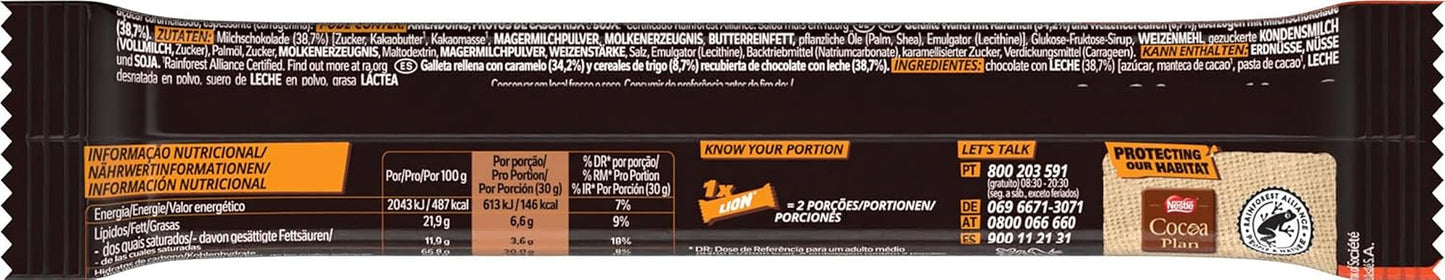 Barra de chocolate Nestlé LION con caramelo, refrigerio crujiente, chocolate crujiente y chips crujientes, relleno de caramelo, una experiencia gastronómica especial, paquete múltiple, paquete de 28 (2 x 30 g cada uno)