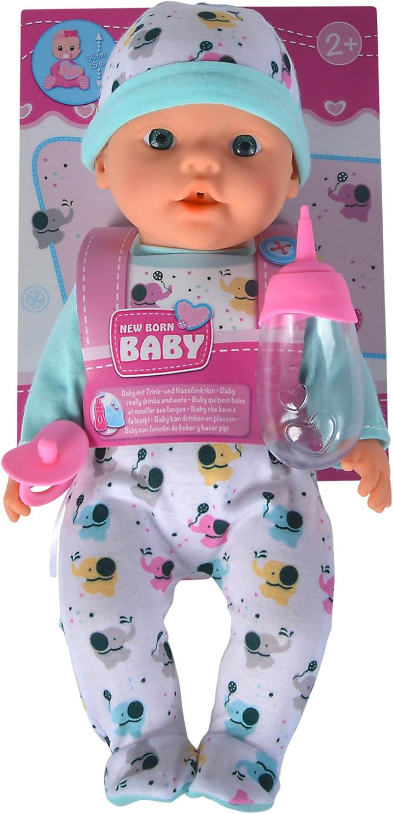 Muñeco Bebé Recién Nacido Elefantito Vinilo con Función Comer y Beber, Biberón y Chupete, 30cm, Muñecas 2 años Naty Shop