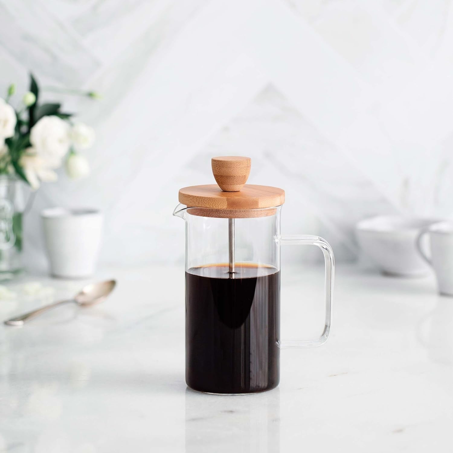 - Cafetera francesa, prensa de café, cafetera de pistón, cafetera de filtro francés, 3 tazas, 0,35 l, acero y madera