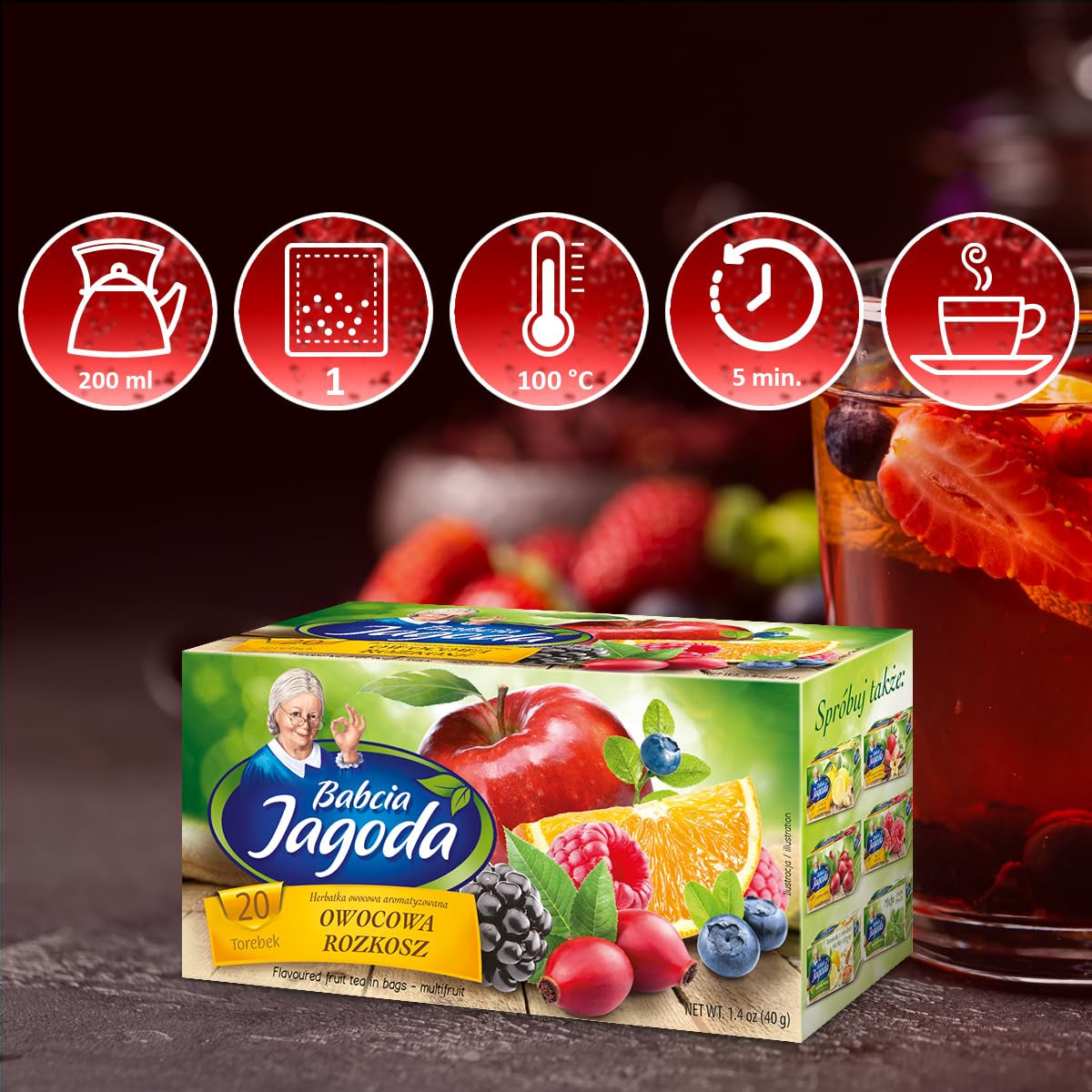 Babcia Jagoda - Té de frutas "Fruchtige Verführung" - 20 bolsitas de té - Con hibisco, manzana, chokeberry, mora, escaramujo, piel de naranja - Intenso sabor a fruta, sin cafeína, vegano, natural, Cay - 40G