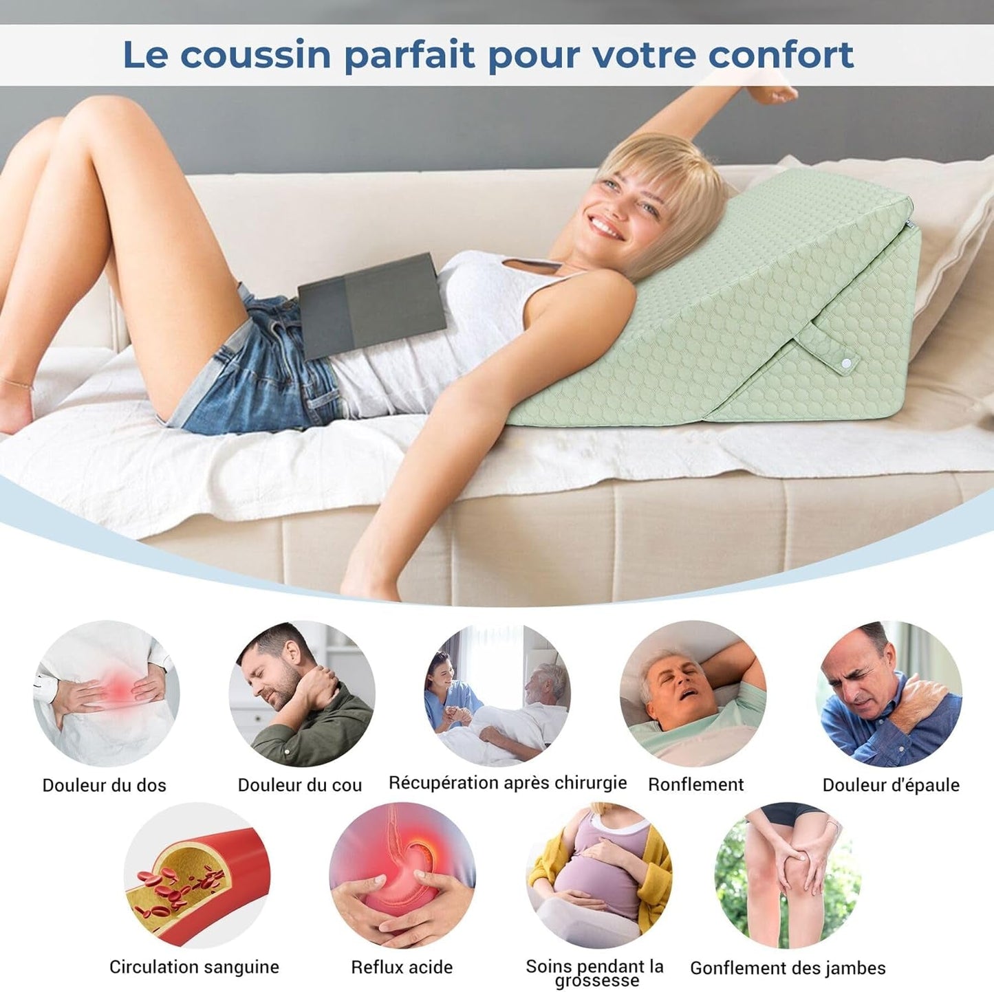 INFANZIA Almohada de cuña para Cama, Almohada de Esquina, Almohada Triangular, Plegable, Espuma viscoelástica, Apnea del sueño, reflujo ácido, elevación de piernas, Lectura, Verde