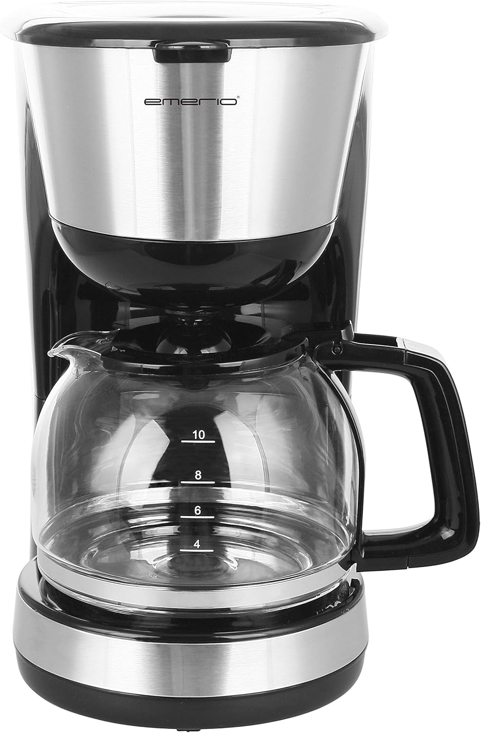 Emerio CME-122933, Cafetera de filtro, 1,25L para hasta 10 tazas de café recién hecho, filtro extraíble permanente, función antigoteo, jarra de cristal, apagado automático, 1000 vatios, negro/plateado